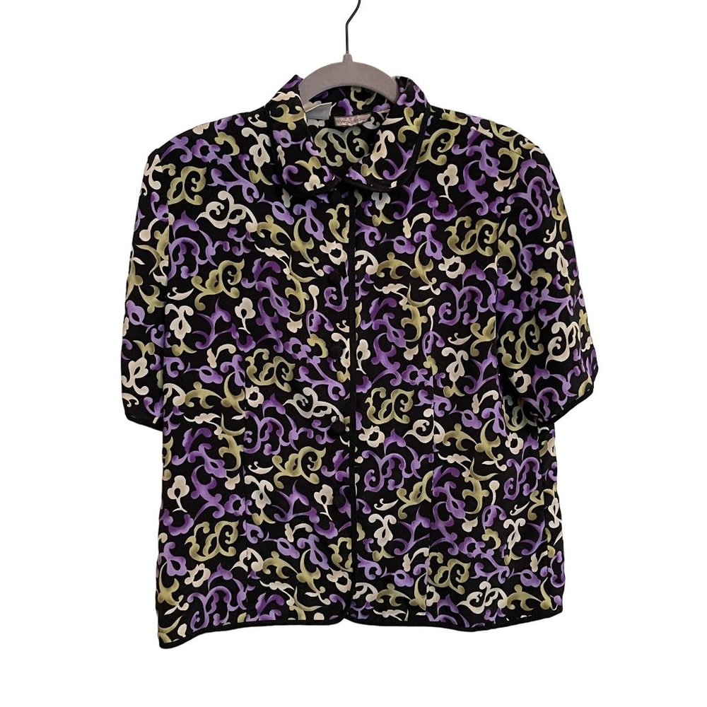 VTG Bora Bora Blouse SMALL BLACK‎ FLORAL PRINT BUTTON DOWN